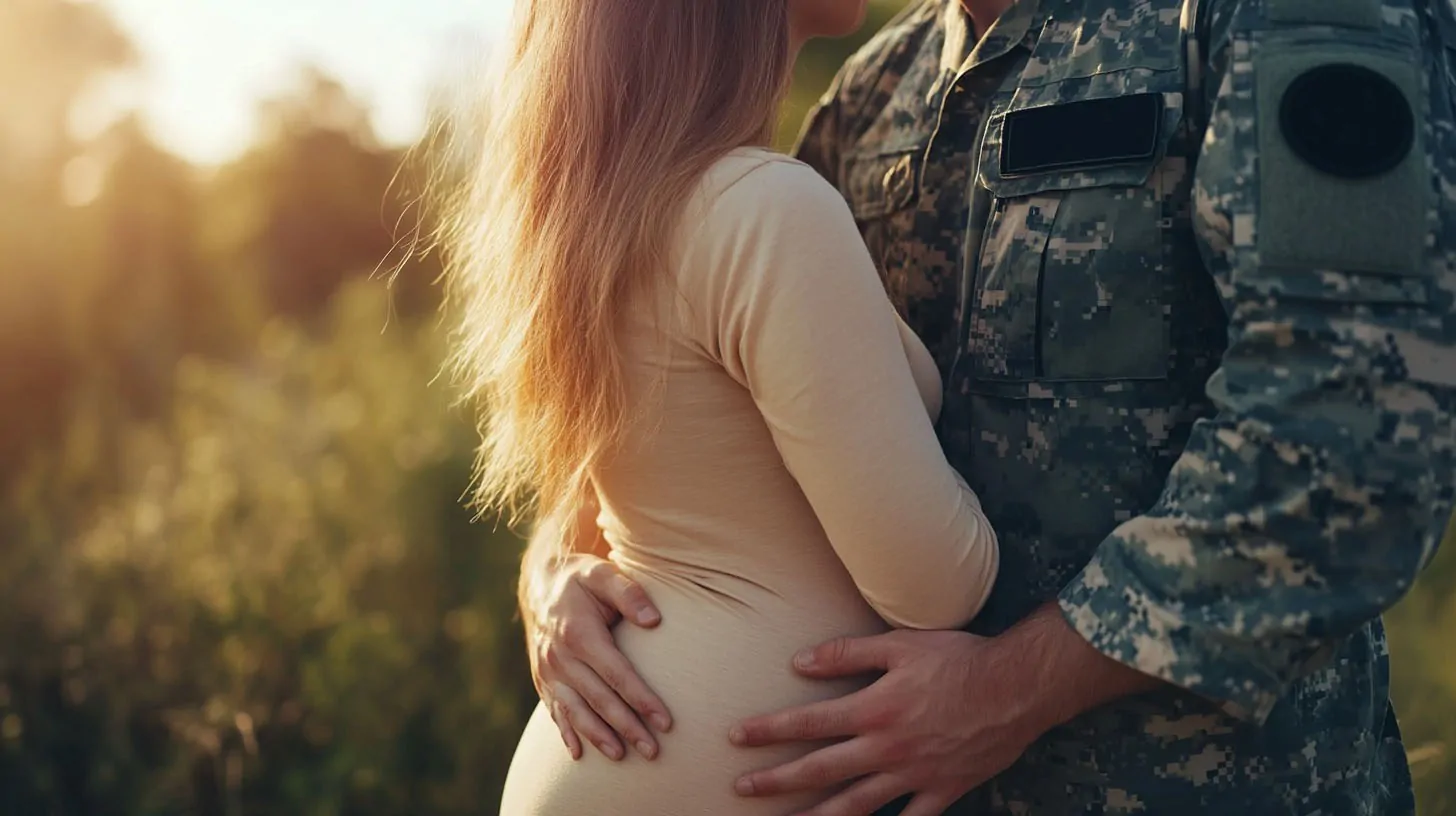 A pregnant woman embraced by her partner in a military uniform in a sunlit outdoor setting