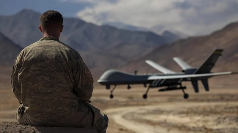 A soldier in military uniform sitting with a drone in the background against a mountainous landscape