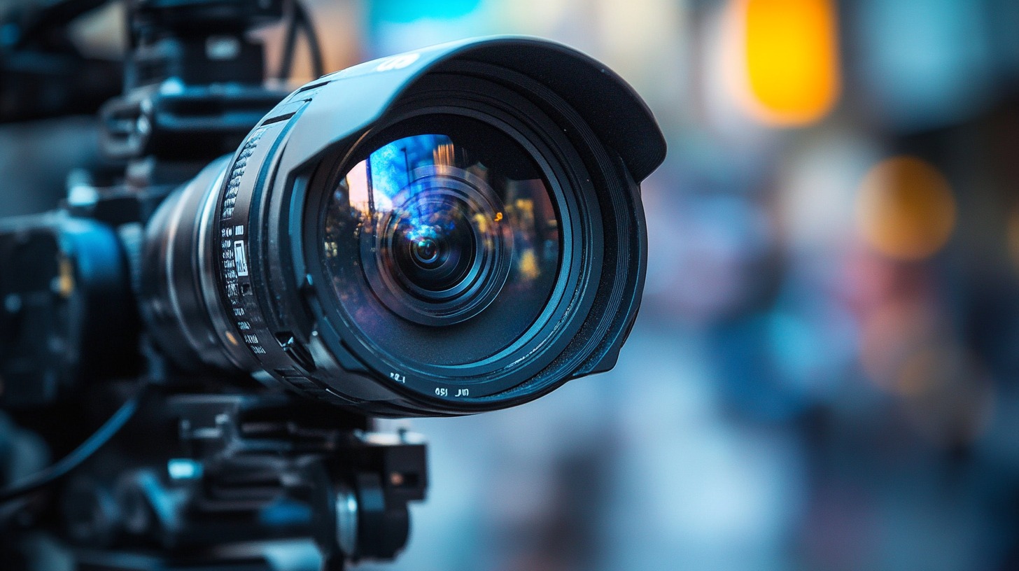 Close-up view of a professional camera lens with a blurred city background reflecting in the glass