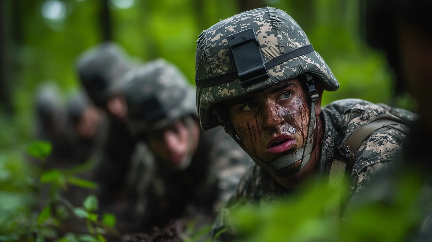 Close-up of a soldier with mud on his face, wearing a helmet and camouflage, lying in a forest during field training, with others in the background