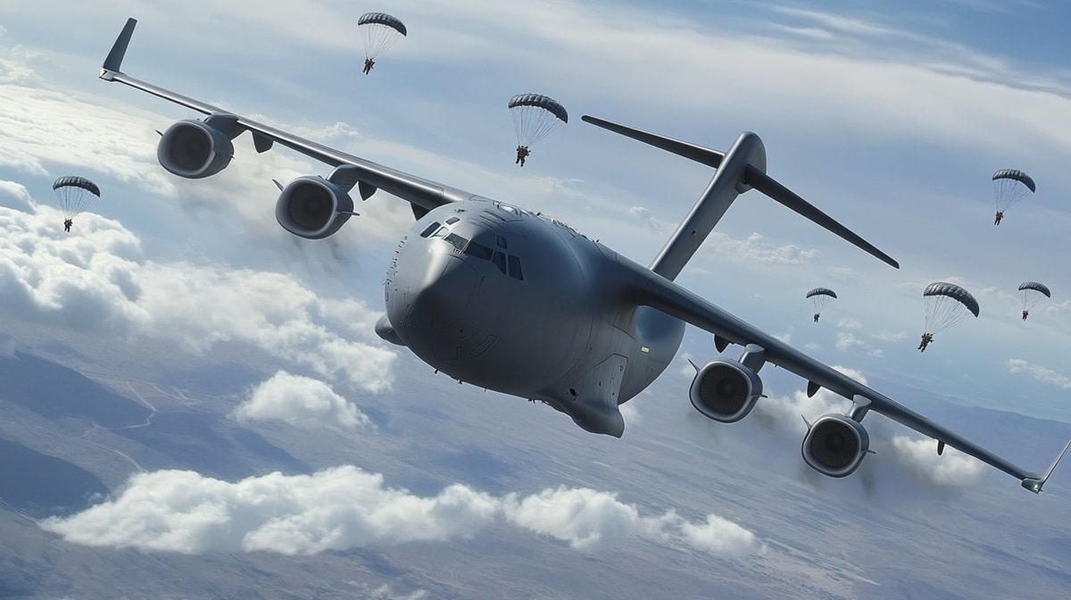 A large military cargo plane flying in the sky as multiple paratroopers jump out with parachutes deployed