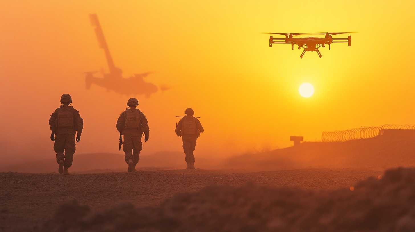 Silhouettes of soldiers walking at sunset, with drones hovering nearby and a large aircraft in the distance