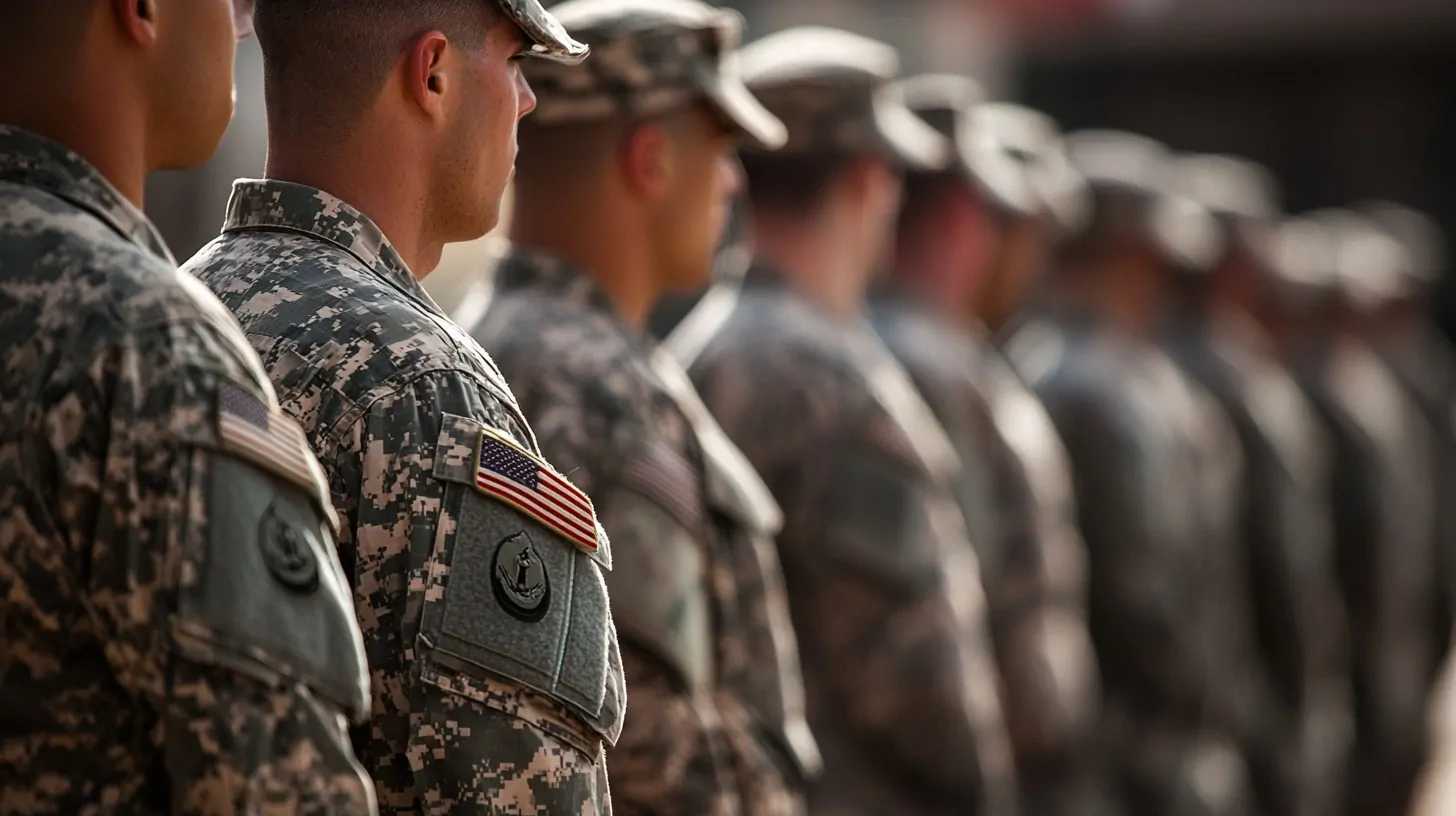 Close-up view of soldiers in uniform standing in a line with focus on the American flag patch on their sleeves