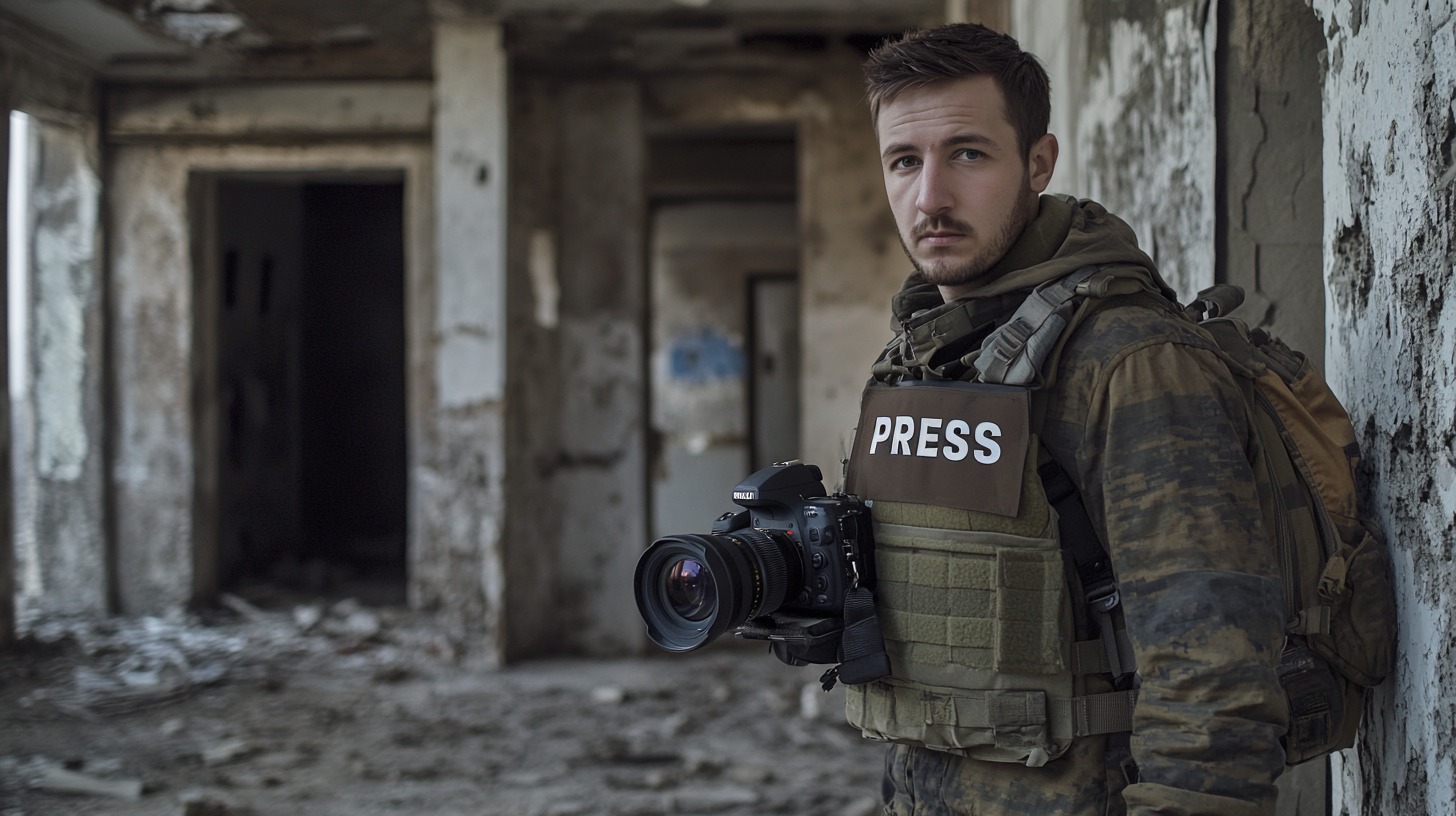 A war journalist wearing a press vest and camouflage gear stands in a ruined building with a camera