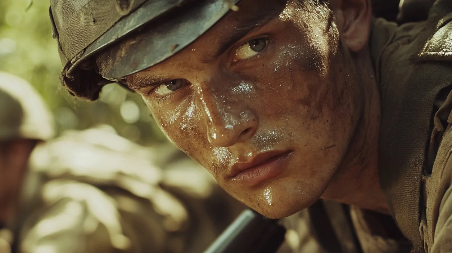 Close-up of a soldier's face covered in dirt and sweat, wearing a helmet, with a focused expression during combat