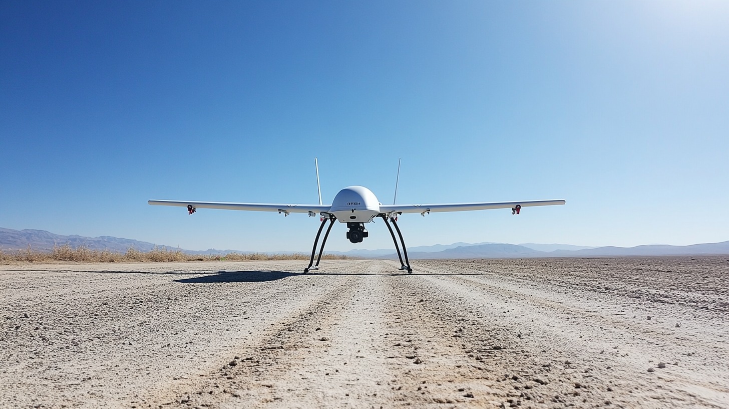 A white UAV (unmanned aerial vehicle) stationed on a desert runway under a clear blue sky, ready for deployment