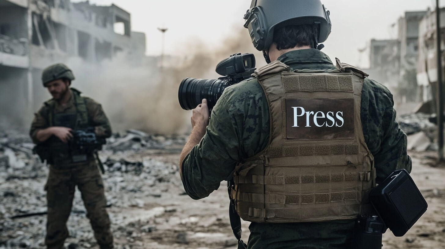 A war photojournalist in a helmet and protective press vest captures intense moments on the battlefield