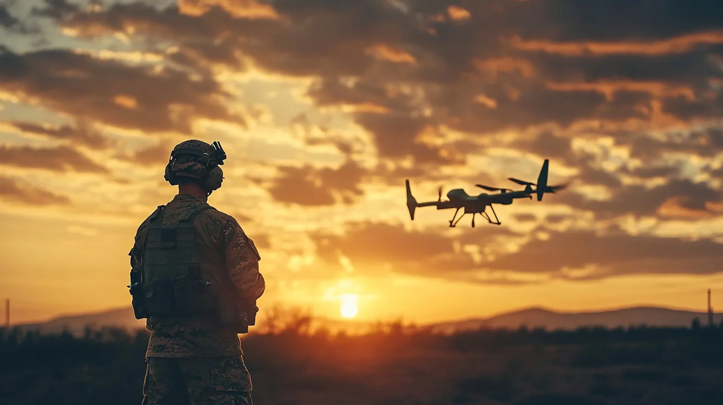 A military personnel in tactical gear watching a drone fly against a vibrant sunset backdrop in an open field