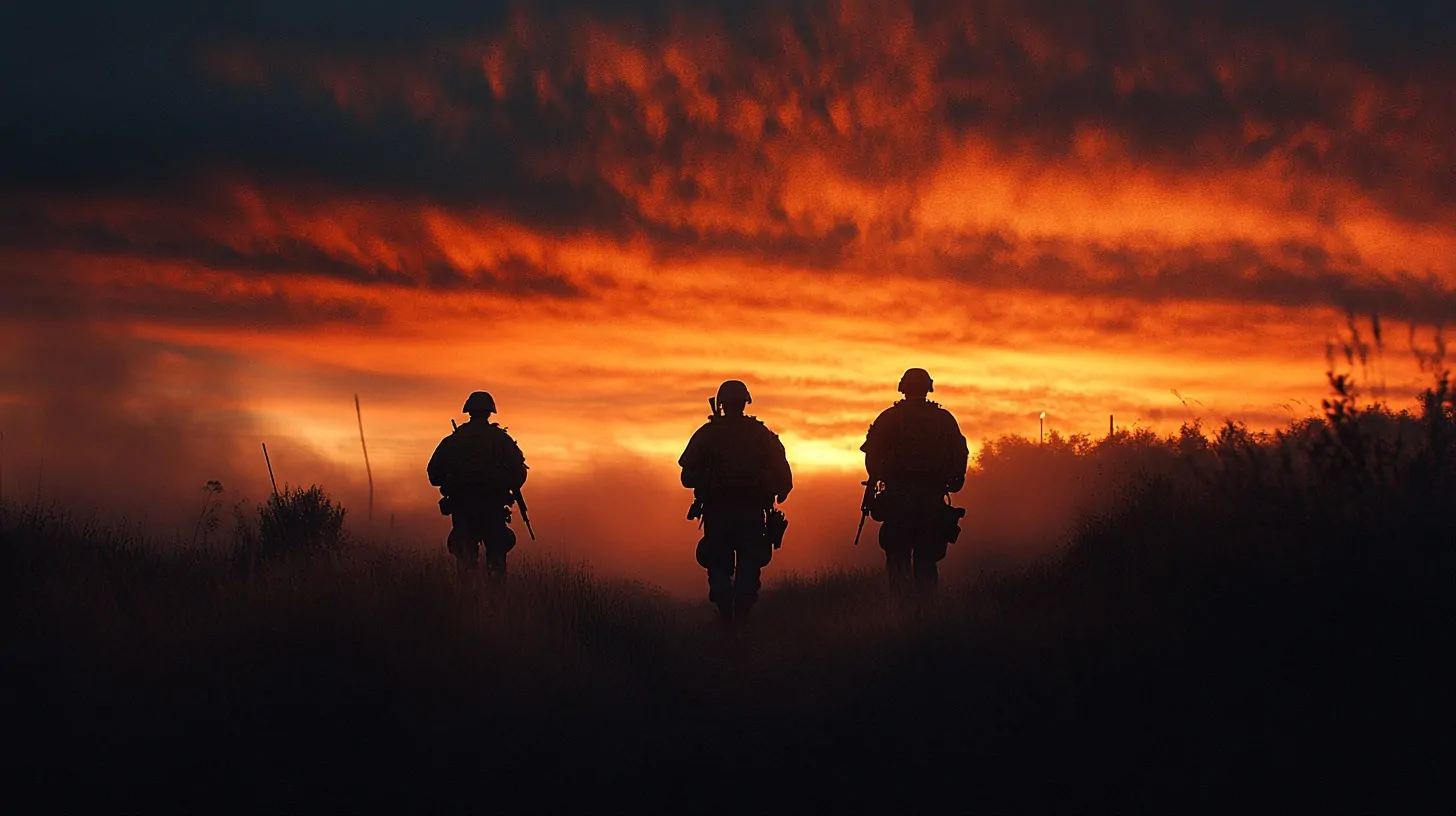 Three soldiers walking in a field at dusk with a vivid orange and red sunset in the background, creating a dramatic silhouette effect