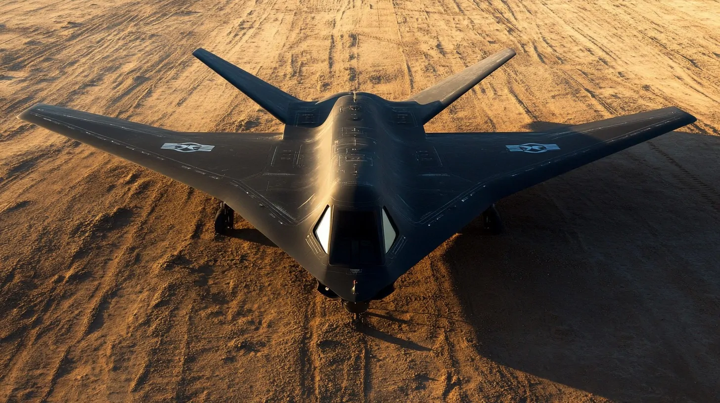 A sleek, black stealth UAV parked on a sandy terrain, showcasing a futuristic design with a wide triangular frame