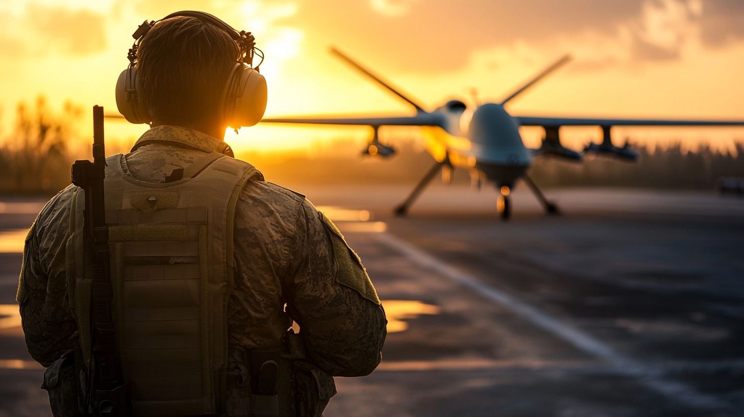 A military personnel in tactical gear standing on an airstrip, facing a UAV drone at sunrise