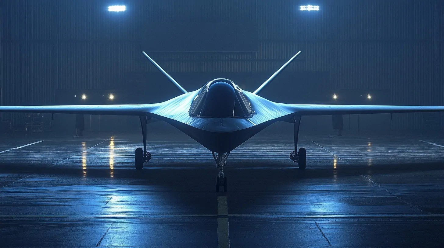 A sleek stealth drone parked in a hangar with moody lighting and blue reflections on the floor