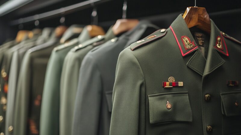 Close-up of military uniforms with decorations hanging in a well-organized closet