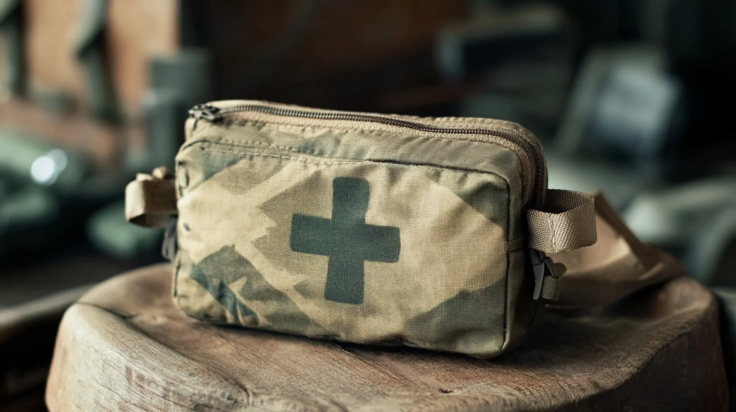 A camouflage-patterned military Individual First Aid Kit (IFAK) with a cross symbol on the front, placed on a wooden surface