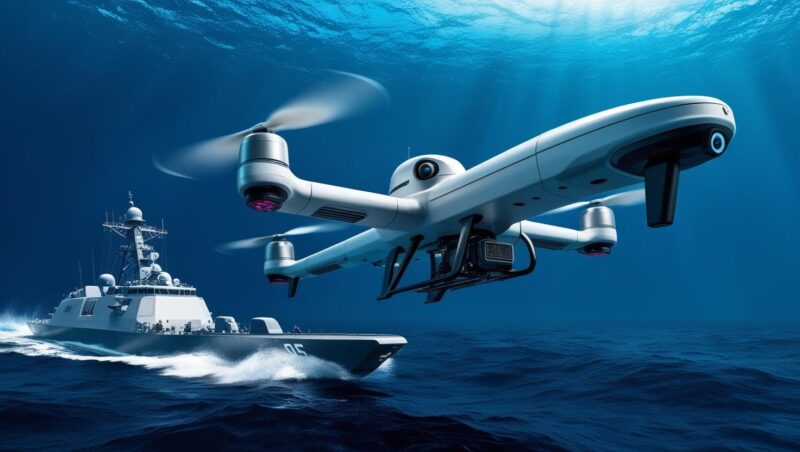 Submersible drone operating underwater near the ocean surface.