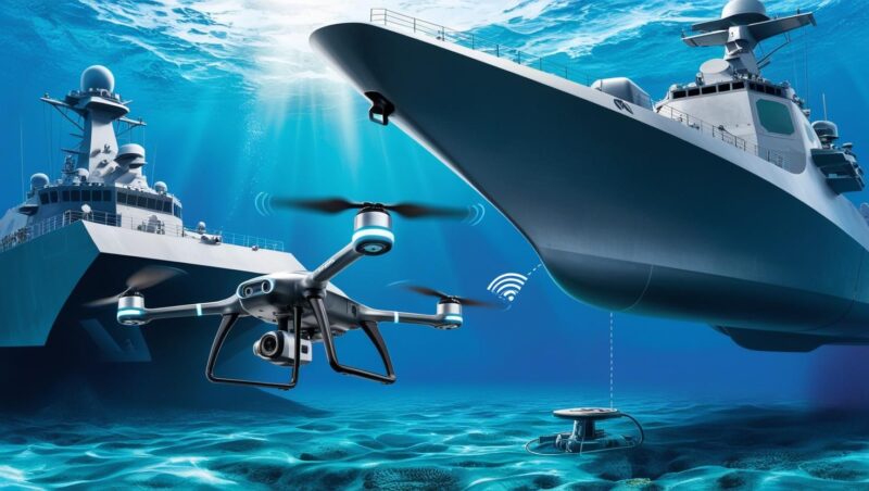 Drone equipped with advanced sensors flying near a naval control ship.