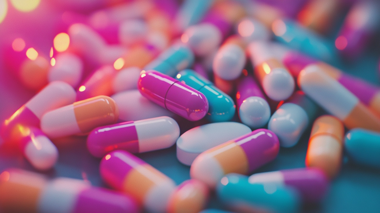 A close-up of colorful capsules and pills scattered on a surface with bright lighting