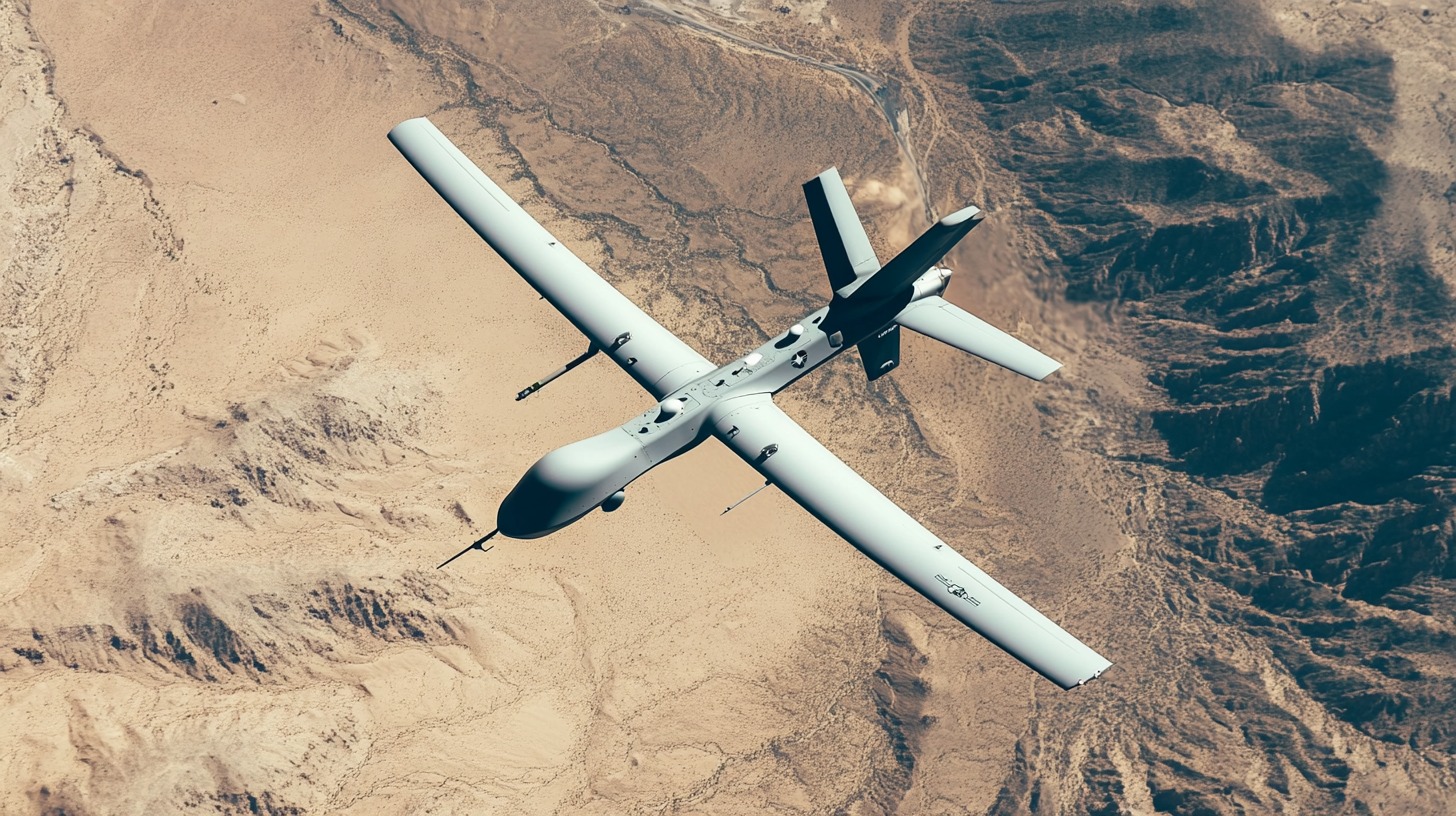 An unmanned aerial vehicle (UAV) flying over a vast desert landscape, captured from a high-altitude perspective