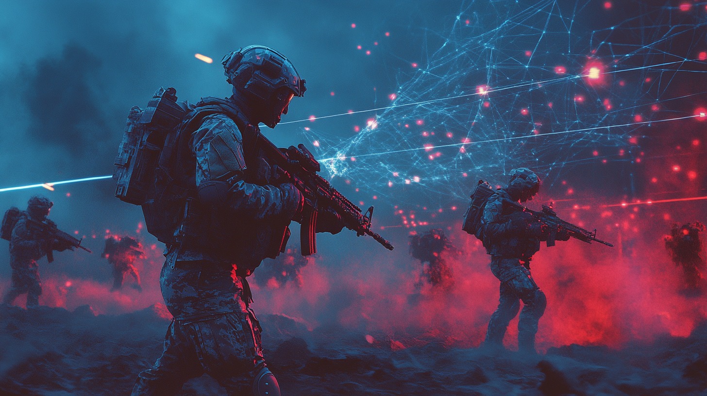 Soldiers equipped with AI-enhanced gear in a futuristic battlefield, illuminated by data-driven networks and digital overlays