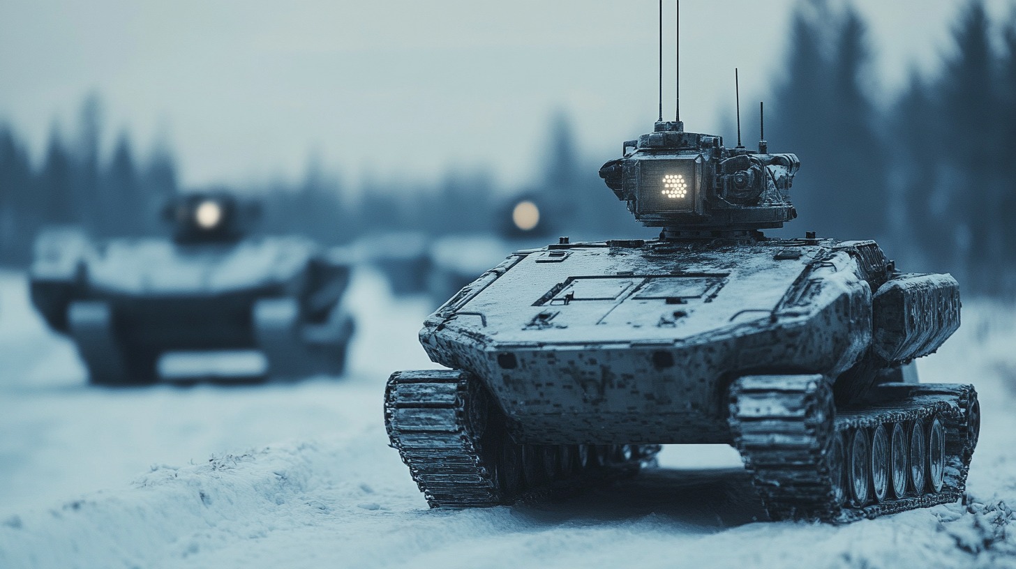 Autonomous military combat vehicle operating in snowy terrain, showcasing advanced AI-driven robotics technology