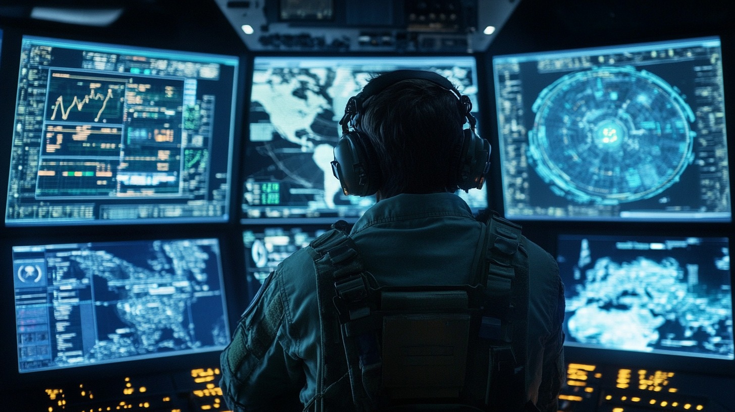 A soldier wearing a headset monitors multiple high-tech screens displaying military data, maps, and analytics