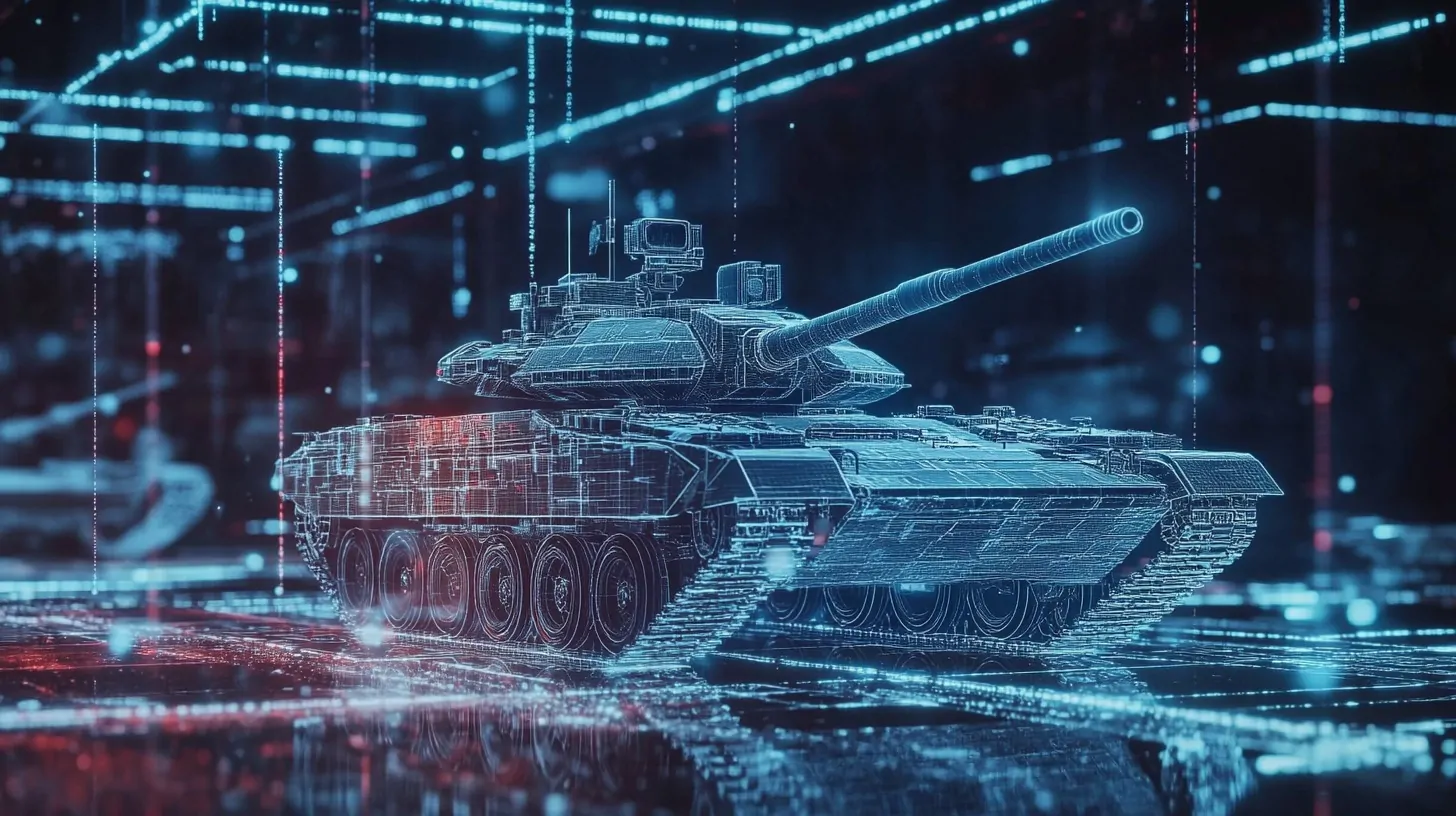 Digital rendering of a tank in a futuristic AI-driven simulation environment with glowing data grids and lines