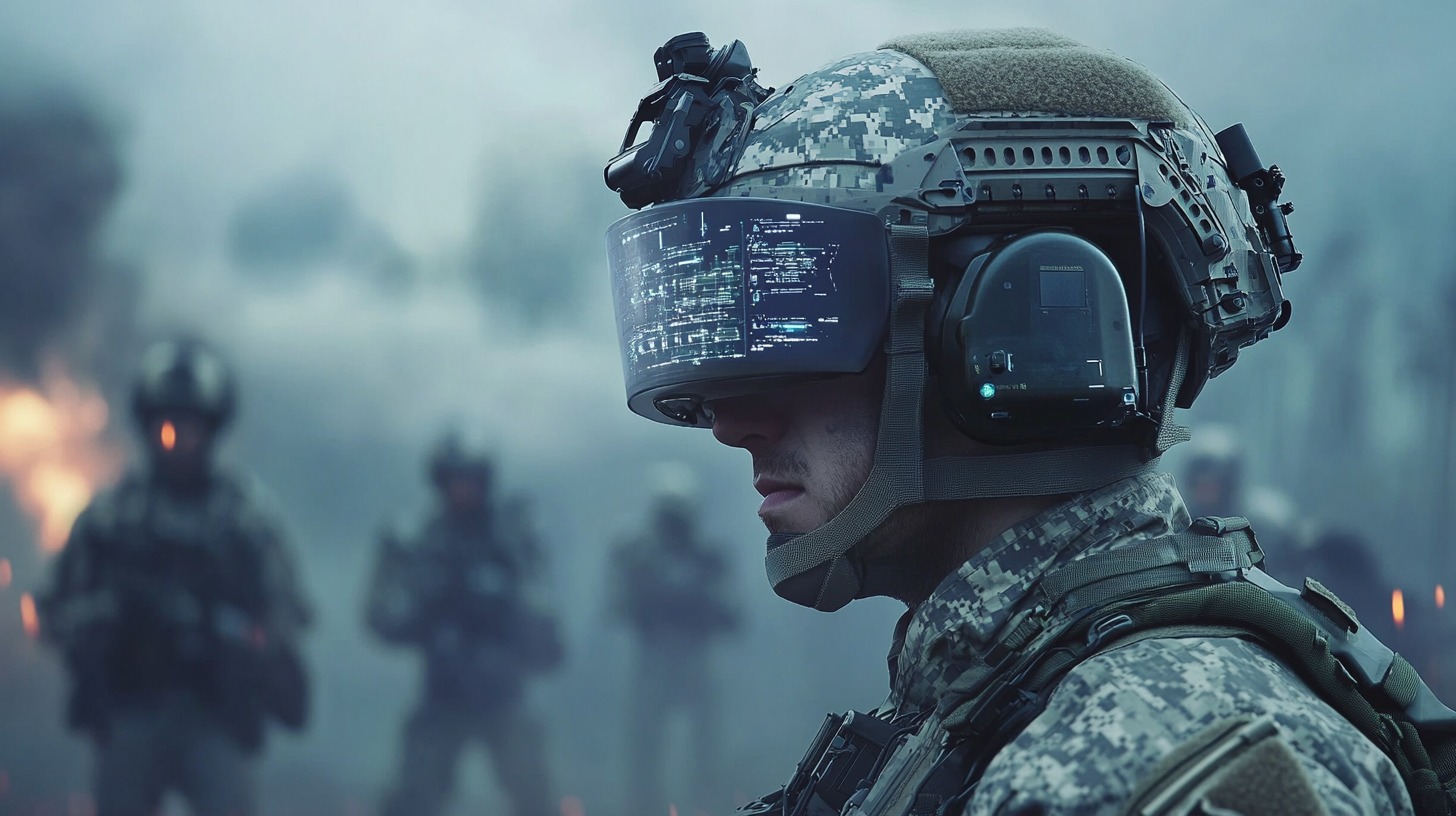 Soldier wearing an advanced AI-enabled combat helmet with a digital HUD display, standing in a battlefield environment