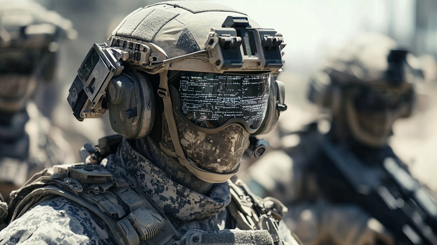 Soldier wearing an advanced combat helmet with AI-integrated visor displaying digital data, accompanied by a team in the background