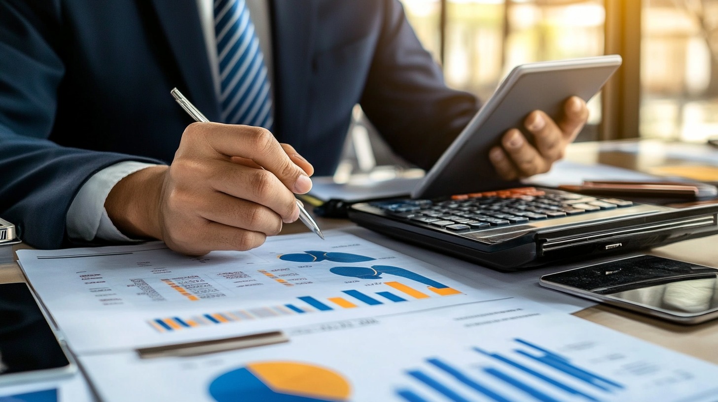 A professional in a suit working on financial reports with a tablet, calculator, and business charts on the desk