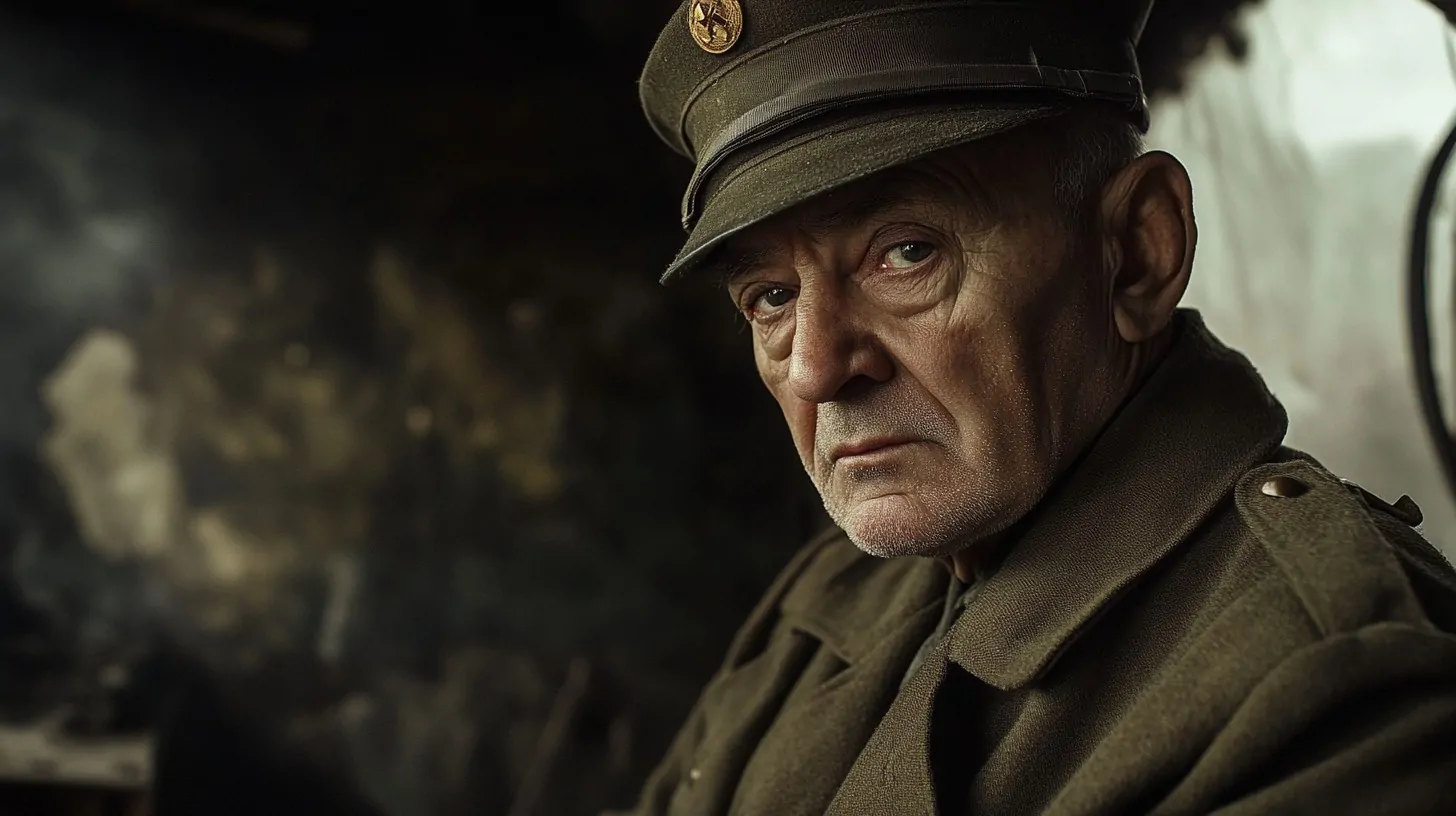 An elderly WWII veteran in a military uniform and cap, gazing solemnly into the distance