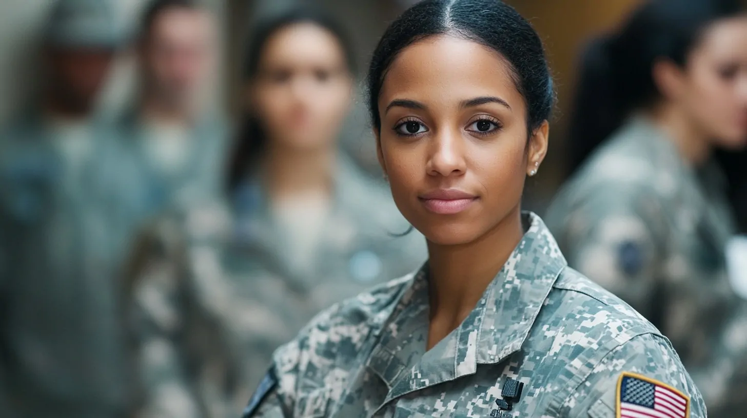 A confident female soldier in a camouflage uniform stands in focus, with blurred military personnel in the background