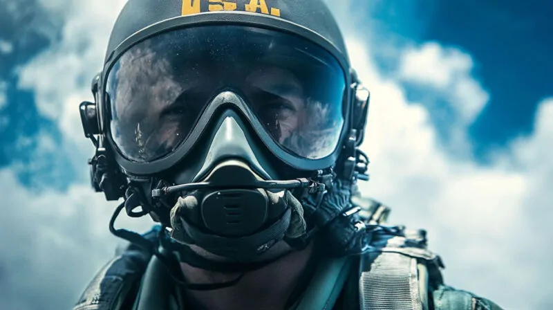 A close-up of a fighter pilot wearing a helmet and oxygen mask, with a reflective visor against a bright blue sky with scattered clouds