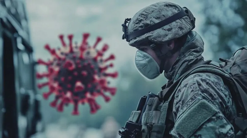 A soldier in camouflage gear wearing a protective mask, with a large depiction of the COVID-19 virus in the background