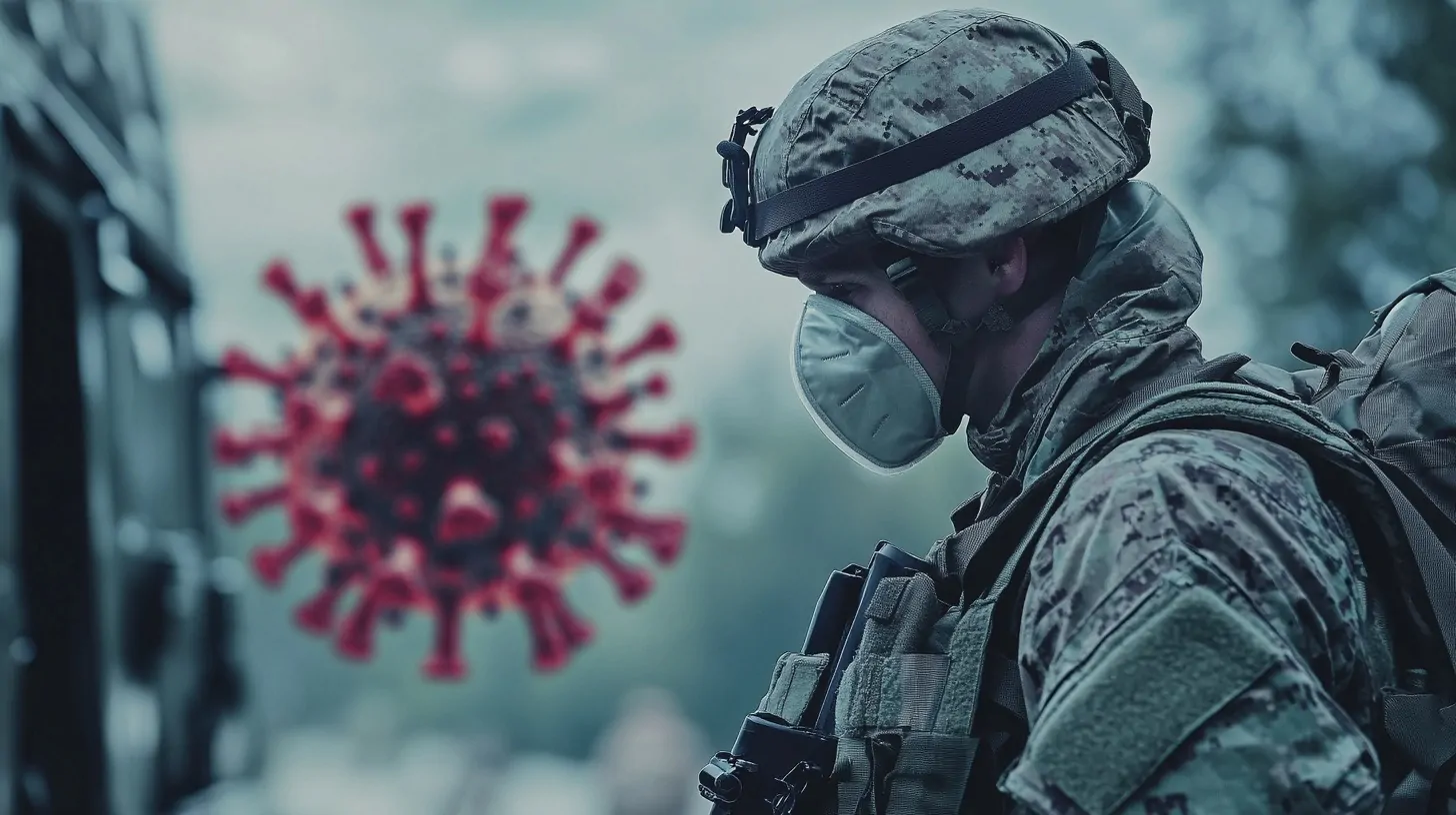 A soldier in camouflage gear wearing a protective mask, with a large depiction of the COVID-19 virus in the background