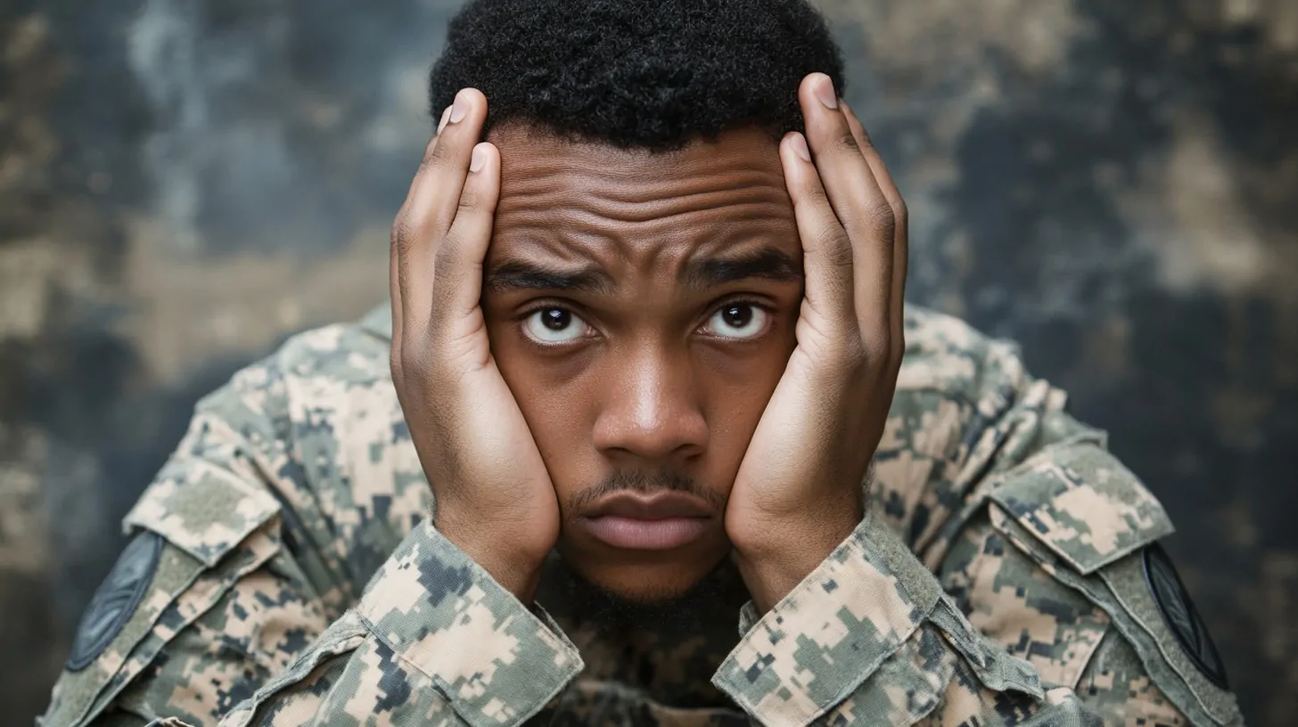 A distressed soldier in a camouflage uniform holds his face in his hands, looking anxious