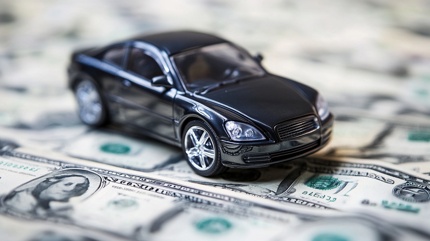 A black toy car placed on a surface covered with US dollar bills, symbolizing car costs and financing