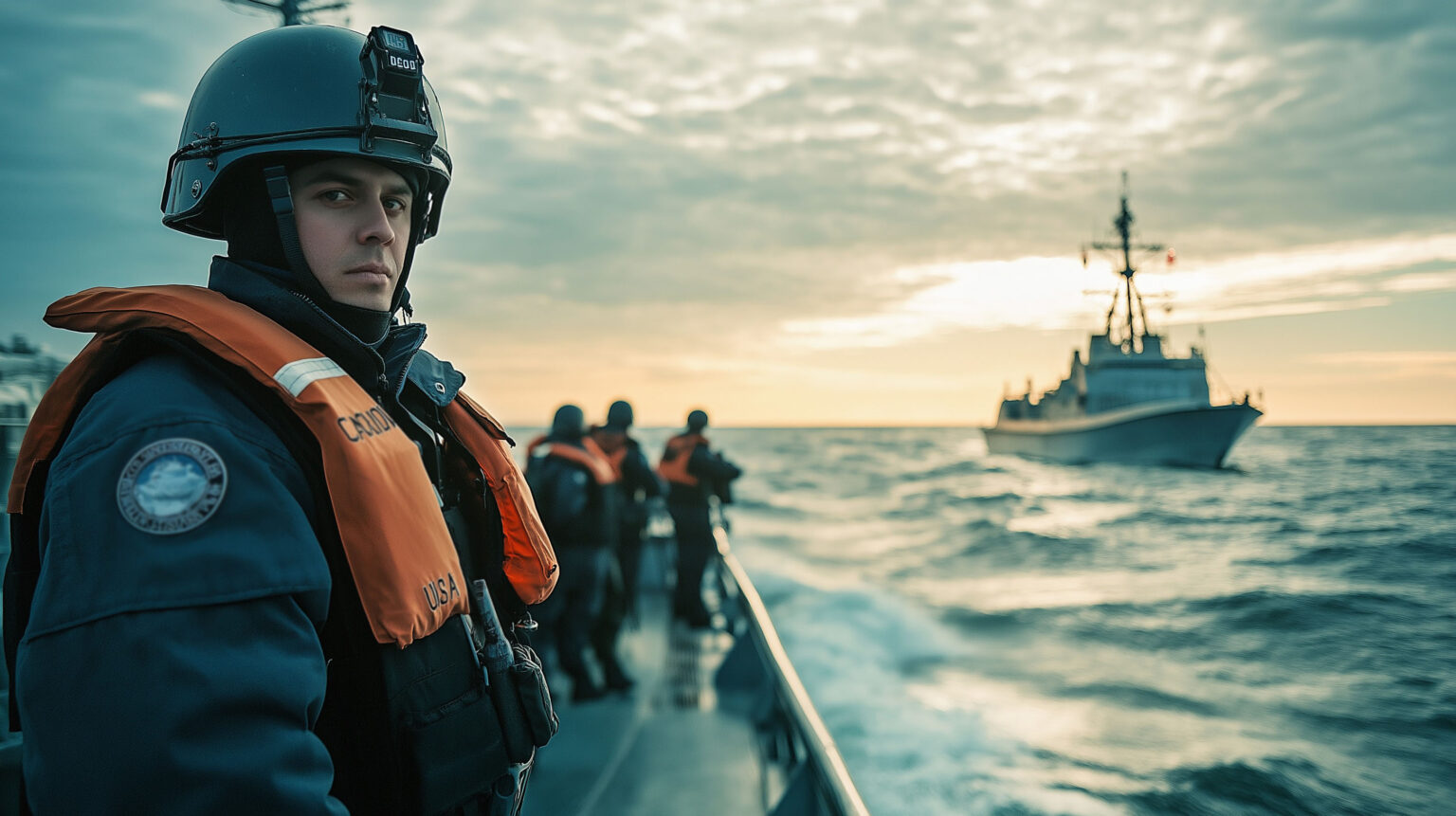 Coast Guard officers in protective gear and life vests on a patrol vessel, with a Navy ship in the distance during sunset