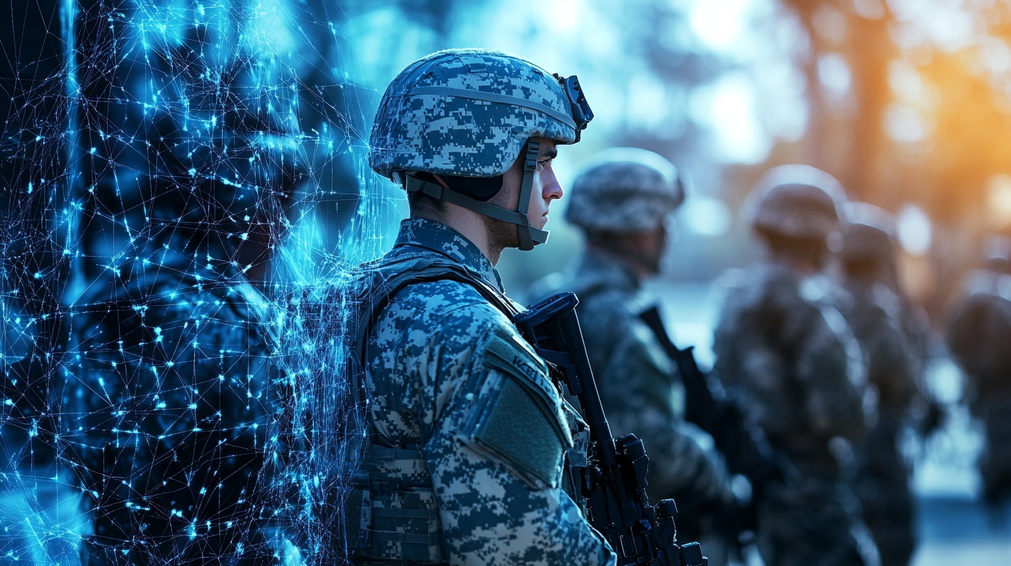 A soldier equipped with advanced technology, illuminated by a digital network overlay, representing AI-enhanced command and control systems