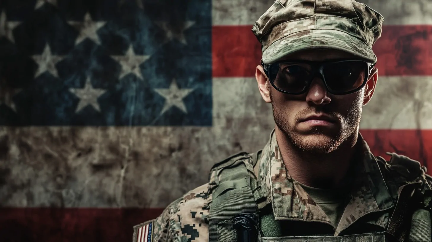 Close-up of a soldier wearing camouflage uniform and sunglasses, standing in front of a worn American flag