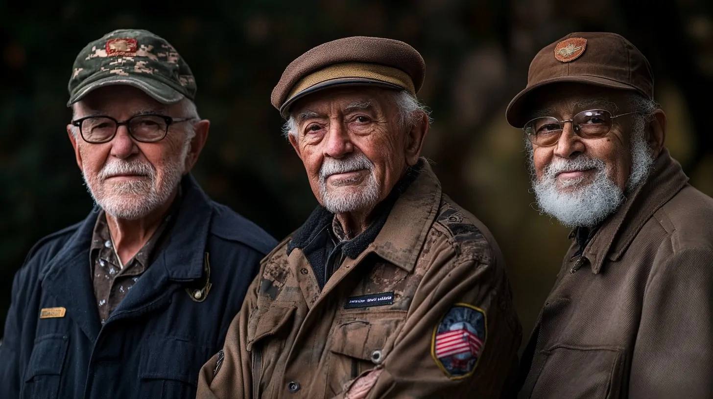 A portrait of three elderly veterans wearing military-style jackets and hats, standing together with proud and dignified expressions