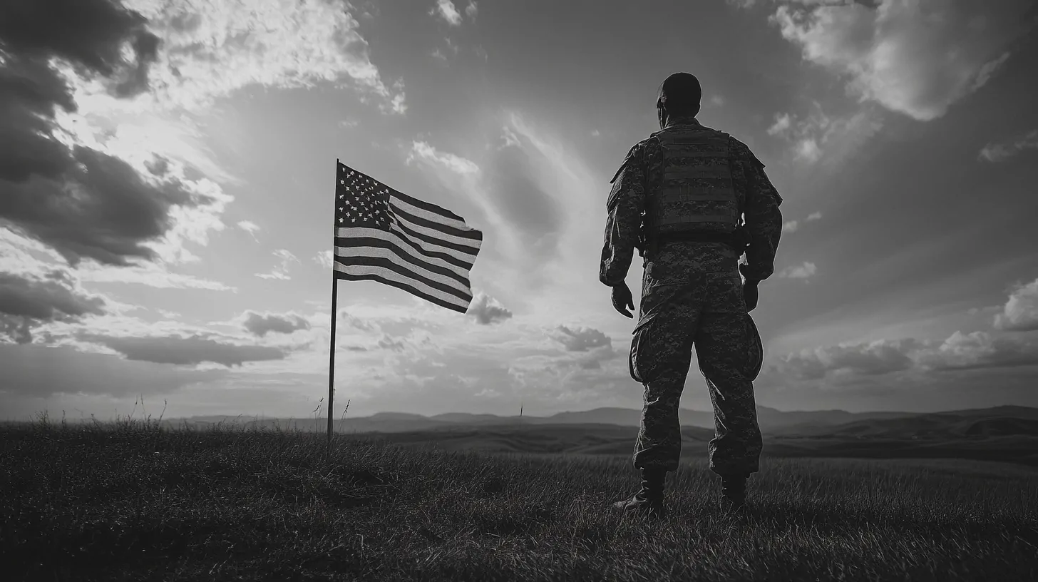 A black-and-white image of a soldier in uniform standing on a grassy hill, gazing at an American flag waving in the wind against a dramatic sky