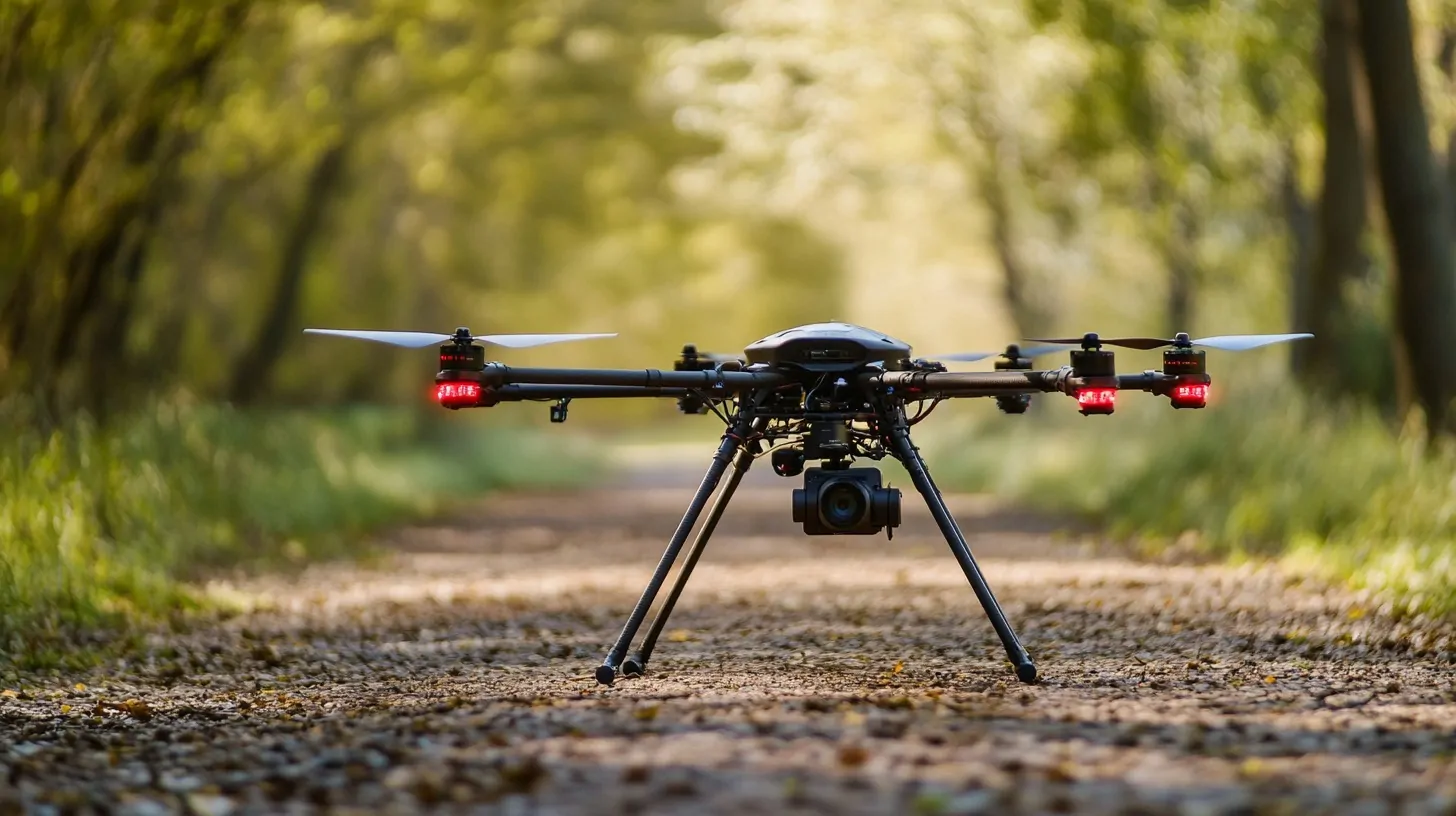 A professional drone with a mounted camera, standing on a gravel path surrounded by a forest