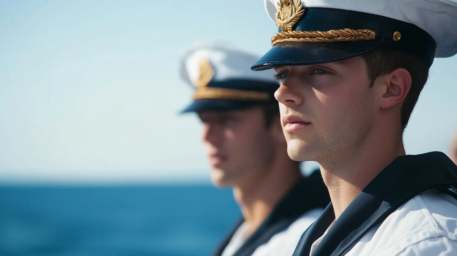 Two young naval officers in uniform standing on a ship deck, gazing into the distance over the open ocean