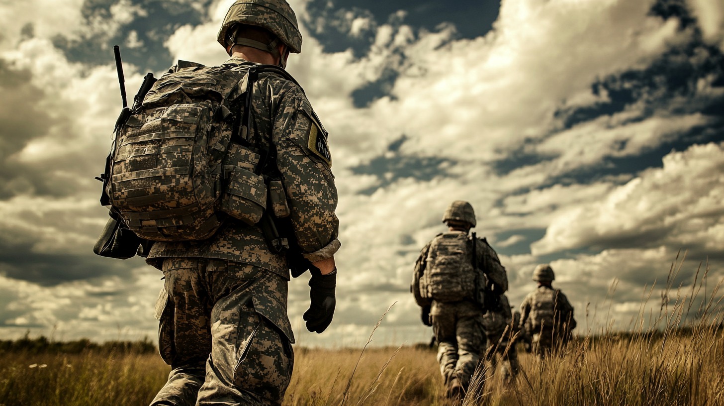 A group of soldiers in camouflage uniforms and gear walk through an open field under a cloudy sky, moving forward as a team