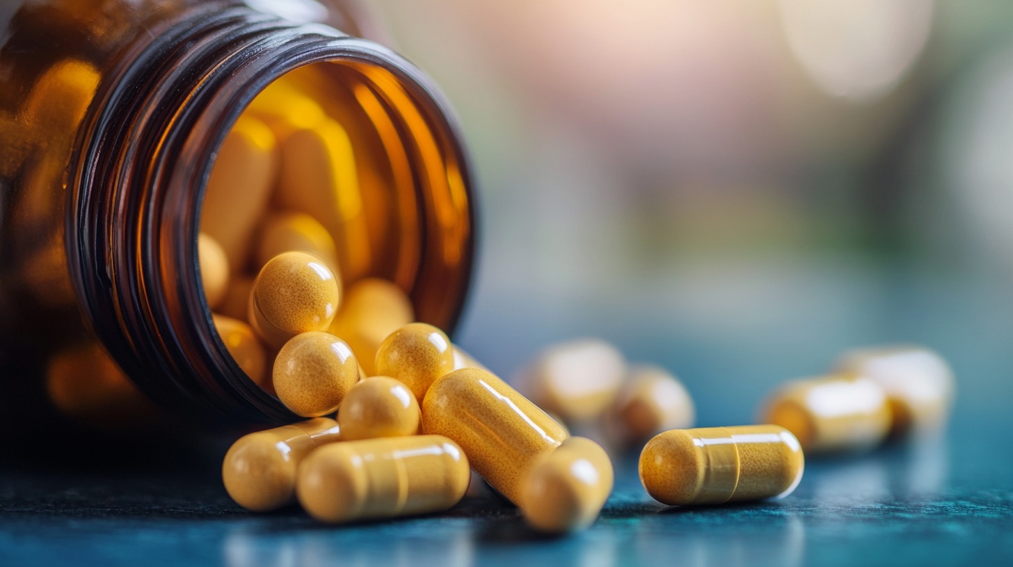 A close-up of yellow capsules spilling out of an amber pill bottle onto a table