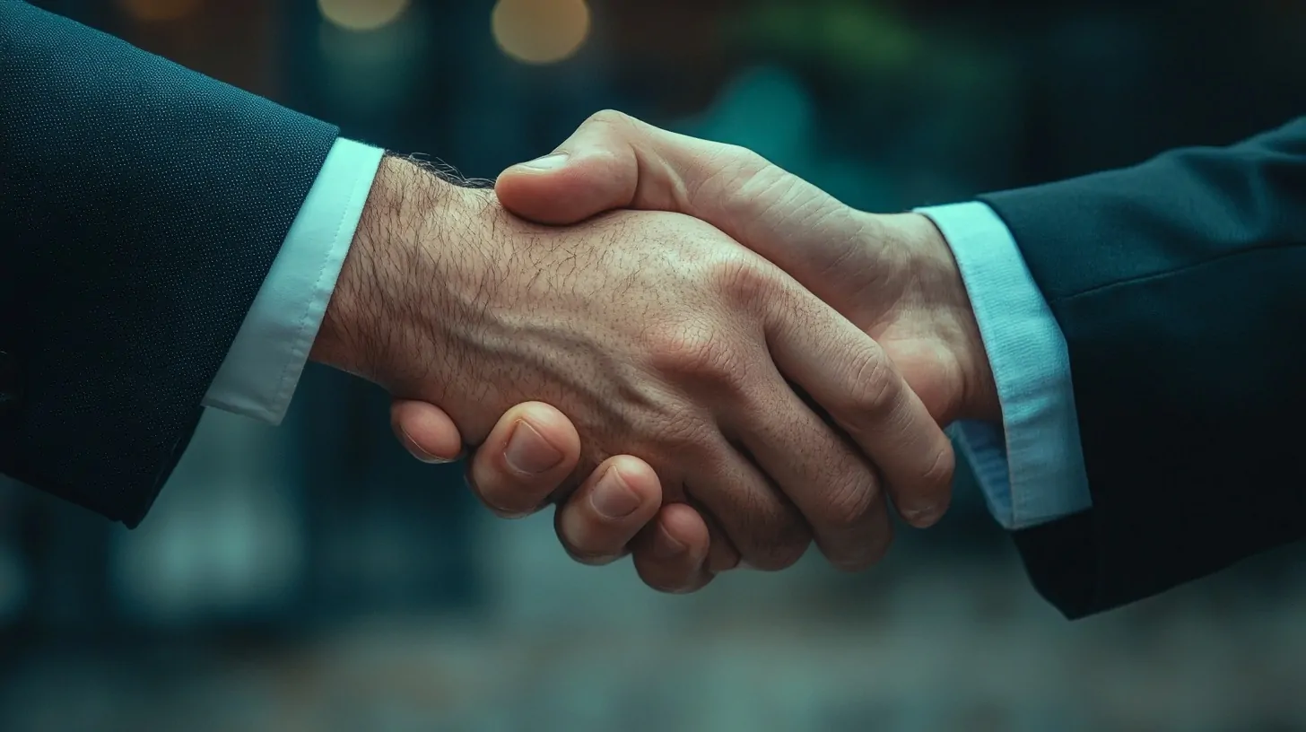 Close-up of two people in business suits shaking hands, representing partnership and trust