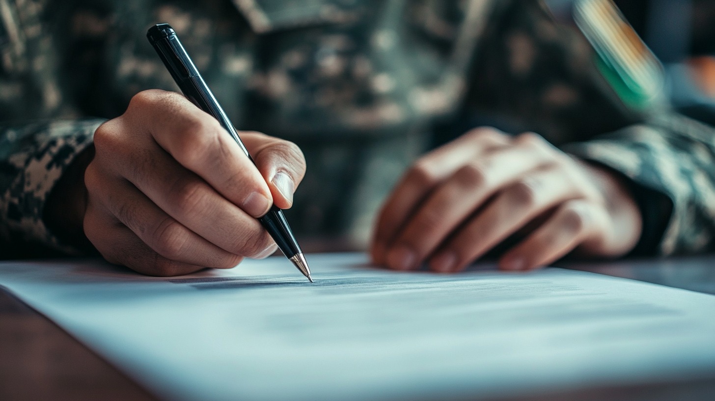 Close-up of a soldier's hands in camouflage uniform signing an official document with a pen.