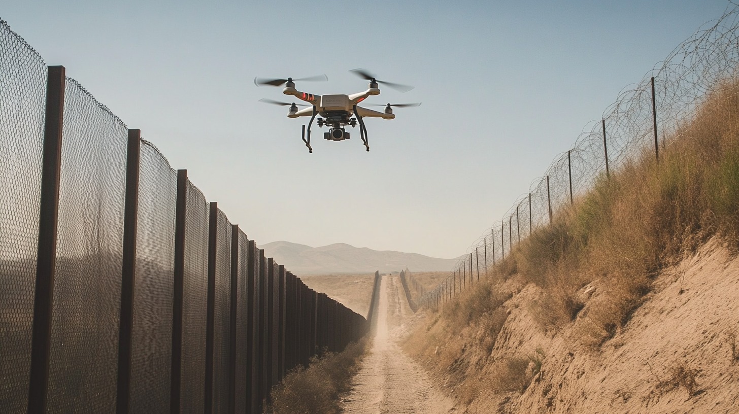 A drone flying above a barbed-wire border fence under a clear sky