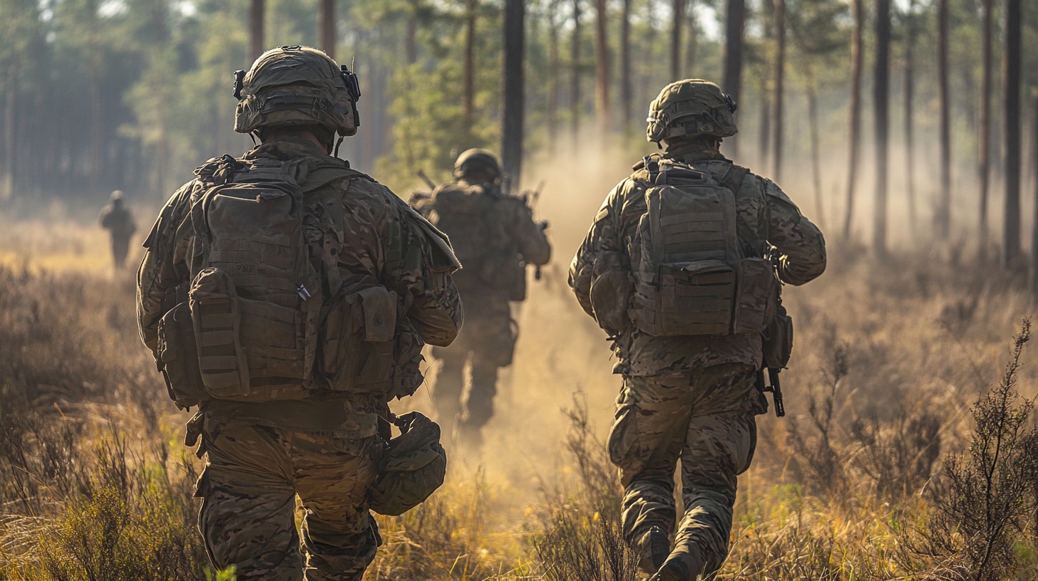 A group of soldiers in full combat gear marches through a dusty forest landscape, carrying rifles and backpacks as part of a military operation or training exercise