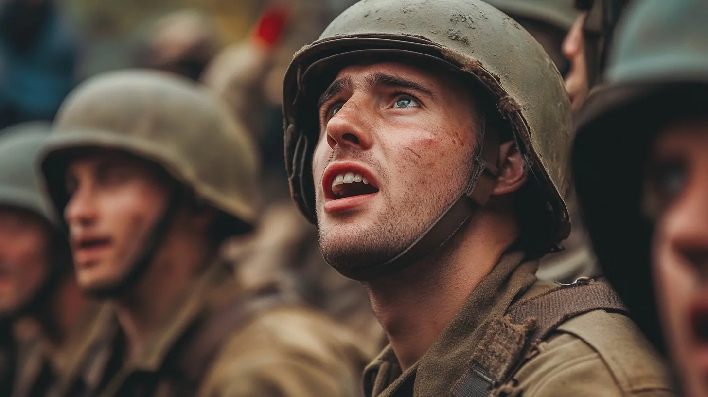 A young soldier with a dirt-streaked face and helmet looks up with determination, surrounded by fellow soldiers in the background